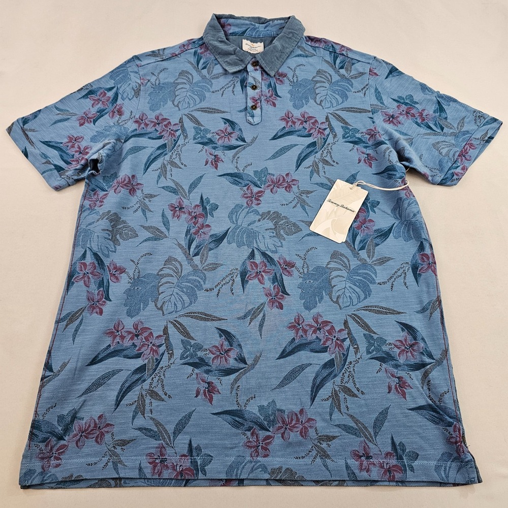 Tommy Bahama polo shirt mens L Large blue cotton floral island crafted 44"
